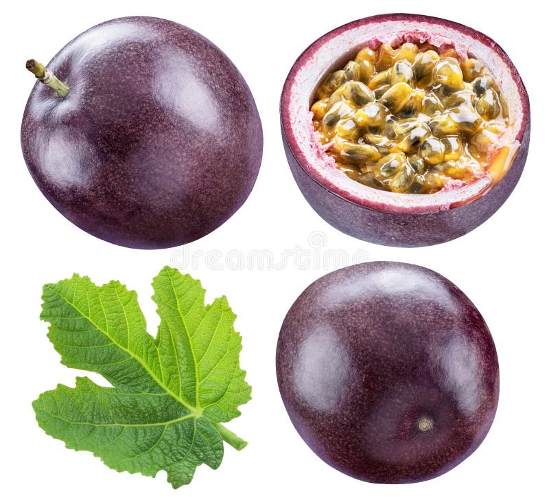 Uppsättning av passionfrukt, dess arga klippta avsnitt och bladet Snabb bana fotografering för bildbyråer Uppsättning av passionfrukt, dess arga klippta avsnitt och bladet Snabb bana fotografering för bildbyråer