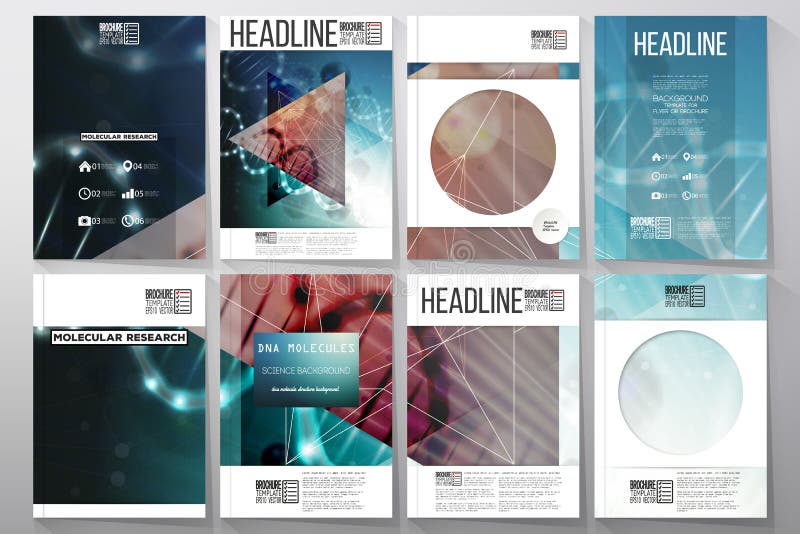 Uppsättning av affärsmallar för broschyr, reklamblad eller häfte DNAmolekylstruktur på en grön bakgrund stock illustrationer Uppsättning av affärsmallar för broschyr, reklamblad eller häfte DNAmolekylstruktur på en grön bakgrund stock illustrationer