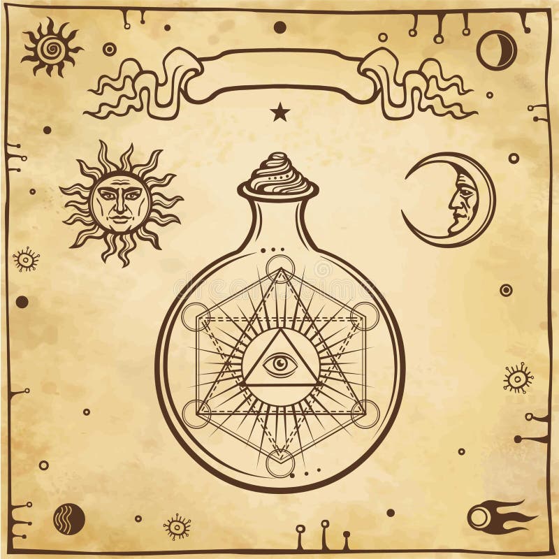 Uppsättning av alchemical symboler Ett försynöga i en provrör, kemisk reaktion sakral geometri vektor illustrationer Uppsättning av alchemical symboler Ett försynöga i en provrör, kemisk reaktion sakral geometri vektor illustrationer
