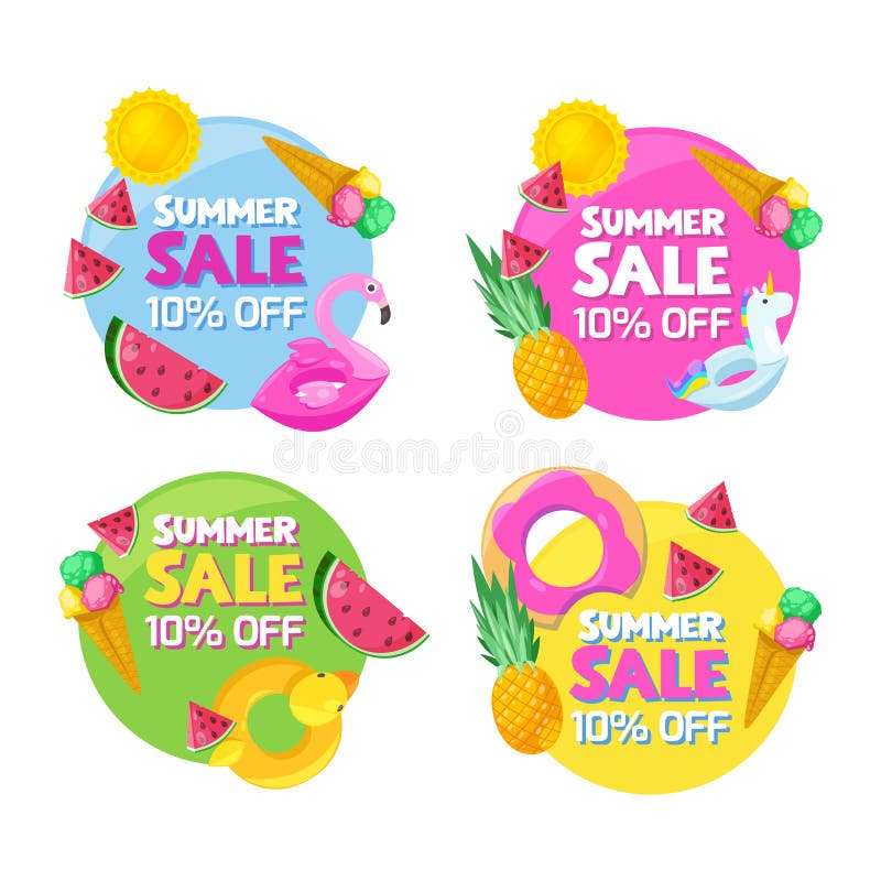Uppsättning av baner för försäljning för mode för sommar för färgcirkel Klistermärkear förser med märke, märker, och etiketter pl vektor illustrationer Uppsättning av baner för försäljning för mode för sommar för färgcirkel Klistermärkear förser med märke, märker, och etiketter pl vektor illustrationer