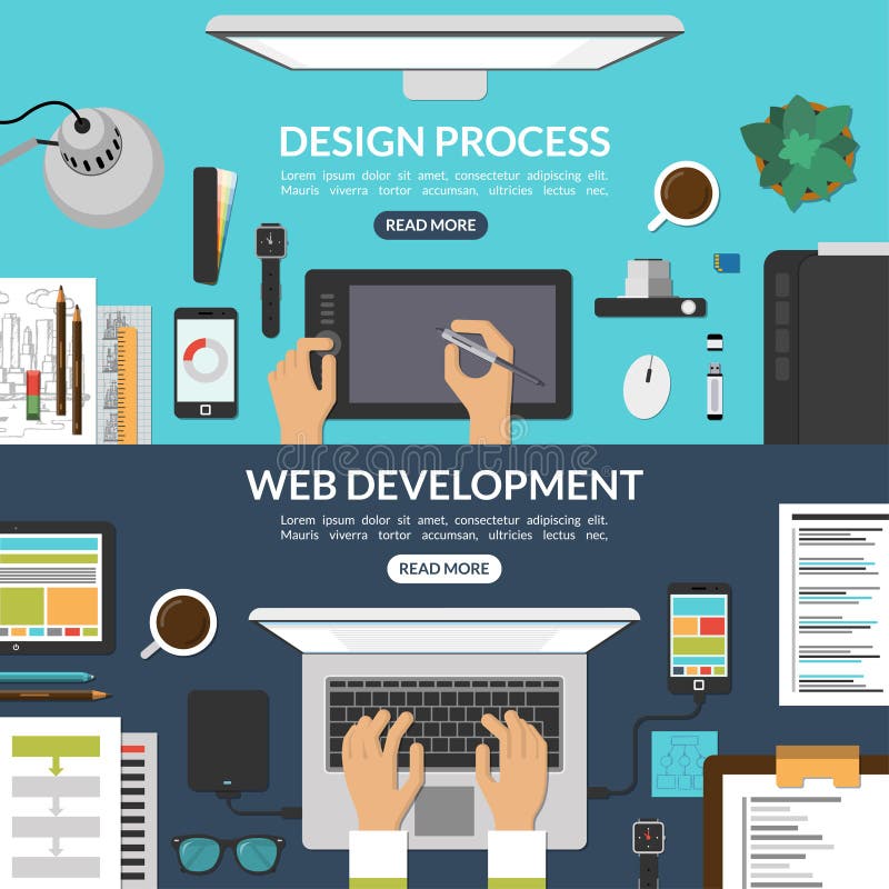 Uppsättning av baner för rengöringsdukdesign och utvecklingsprocess stock illustrationer Uppsättning av baner för rengöringsdukdesign och utvecklingsprocess stock illustrationer