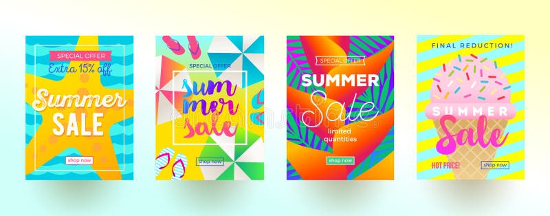Uppsättning av baner för sommarförsäljningsbefordran Semester, ferier och färgrik ljus bakgrund för lopp Affisch- eller informati vektor illustrationer