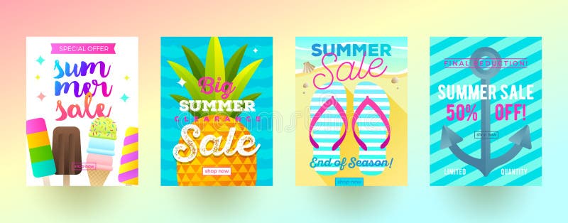 Uppsättning av baner för sommarförsäljningsbefordran Semester, ferier och färgrik ljus bakgrund för lopp Affisch- eller informati stock illustrationer