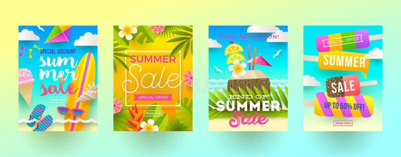 Uppsättning av baner för sommarförsäljningsbefordran Semester, ferier och färgrik ljus bakgrund för lopp Affisch- eller informati stock illustrationer