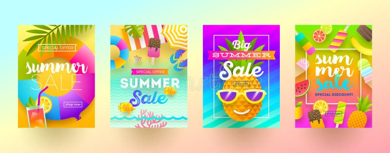 Uppsättning av baner för sommarförsäljningsbefordran Semester, ferier och färgrik ljus bakgrund för lopp Affisch- eller informati royaltyfri illustrationer