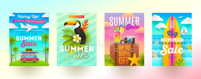 Uppsättning av baner för sommarförsäljningsbefordran Semester, ferier och färgrik ljus bakgrund för lopp Affisch- eller informati stock illustrationer