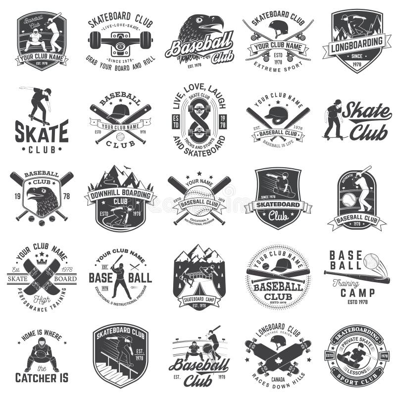 Uppsättning av baseball- och skateboardklubbaemblemet också vektor för coreldrawillustration Begrepp för skjorta eller logo, tryc stock illustrationer