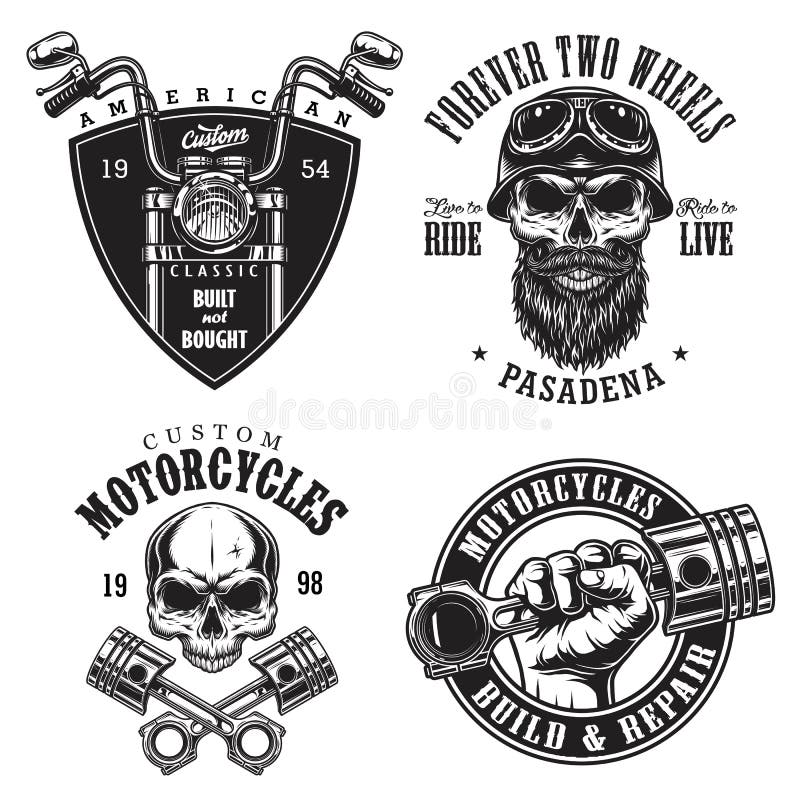 Uppsättning av beställnings- motorcykelemblem vektor illustrationer Uppsättning av beställnings- motorcykelemblem vektor illustrationer