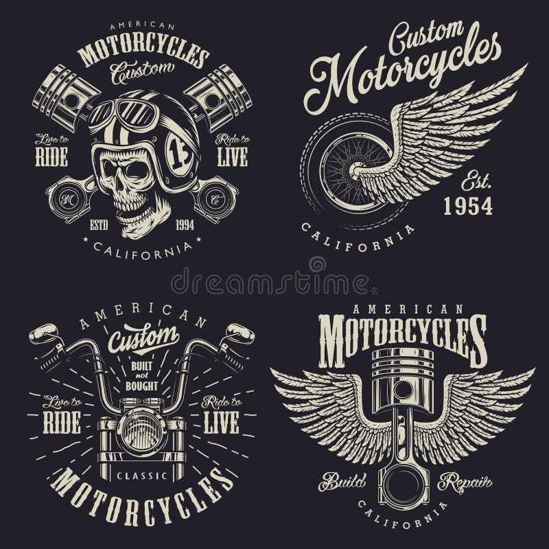 Uppsättning av beställnings- motorcykelemblem royaltyfri illustrationer Uppsättning av beställnings- motorcykelemblem royaltyfri illustrationer