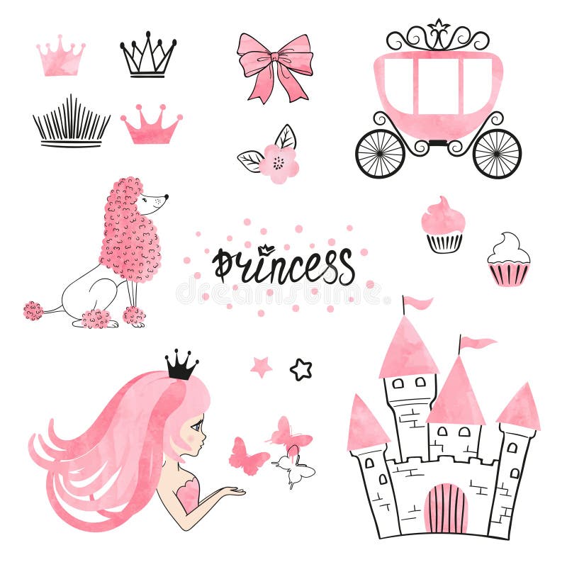 Uppsättning av beståndsdelar för prinsessavärldsdesign som isoleras på vit vektor illustrationer Uppsättning av beståndsdelar för prinsessavärldsdesign som isoleras på vit vektor illustrationer