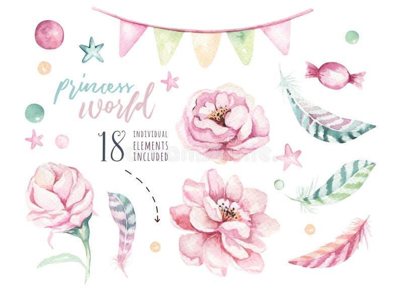 Uppsättning av blom- beståndsdelar för vattenfärgboho Bohemisk naturlig ram för lövverkakvarell: sidor befjädrar, blommor som iso royaltyfri illustrationer Uppsättning av blom- beståndsdelar för vattenfärgboho Bohemisk naturlig ram för lövverkakvarell: sidor befjädrar, blommor som iso royaltyfri illustrationer