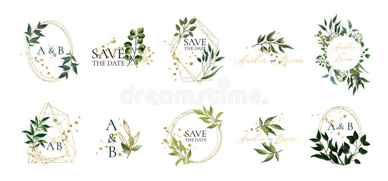 Uppsättning av blom- gifta sig logoer och monogram med eleganta gröna sidor royaltyfri illustrationer