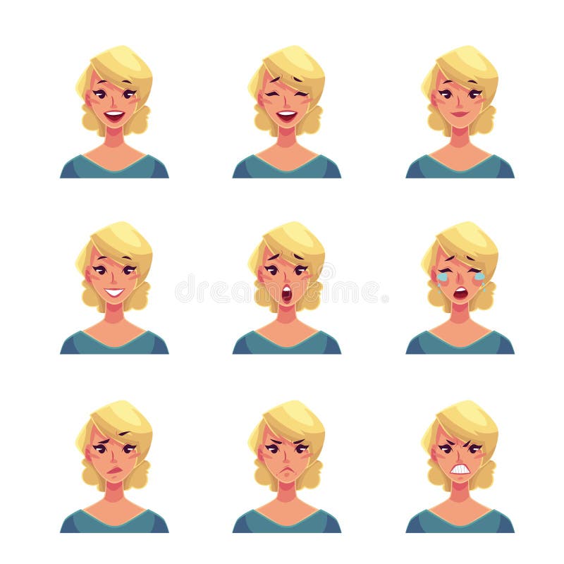 Uppsättning av blonda avatars för kvinnaframsidauttryck royaltyfri illustrationer Uppsättning av blonda avatars för kvinnaframsidauttryck royaltyfri illustrationer