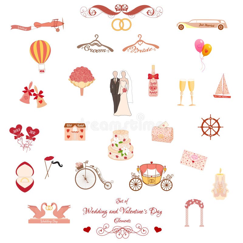 Uppsättning av bröllop och valentindagbeståndsdelar vektor illustrationer Uppsättning av bröllop och valentindagbeståndsdelar vektor illustrationer