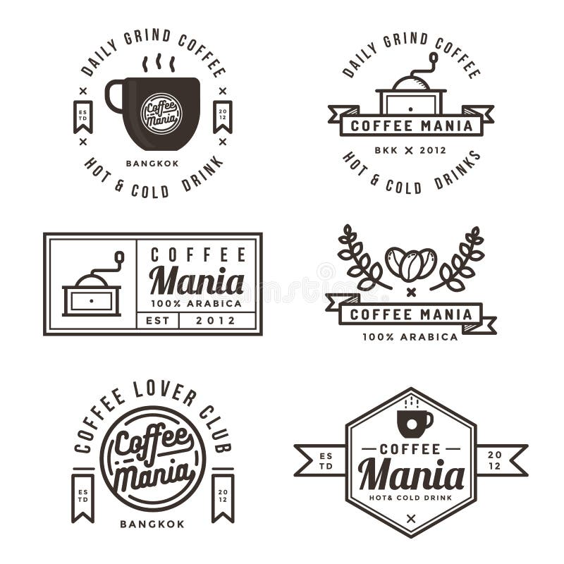 Uppsättning av coffee shopetiketter, baner, band, logo och emblem Plan design stock illustrationer