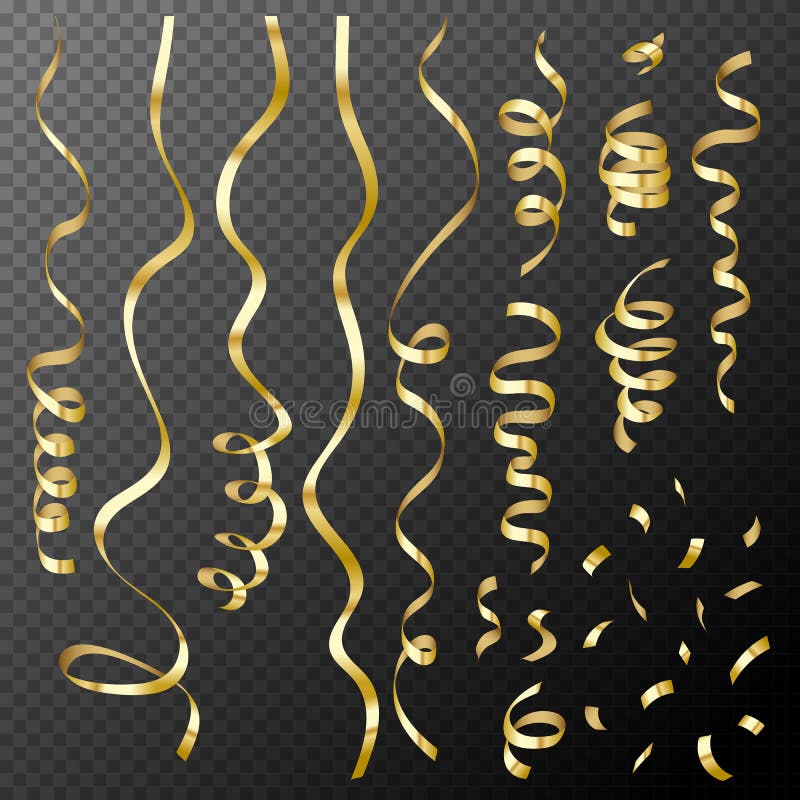 Uppsättning av dekorativa guld- konfettier och band på genomskinlig backg vektor illustrationer Uppsättning av dekorativa guld- konfettier och band på genomskinlig backg vektor illustrationer