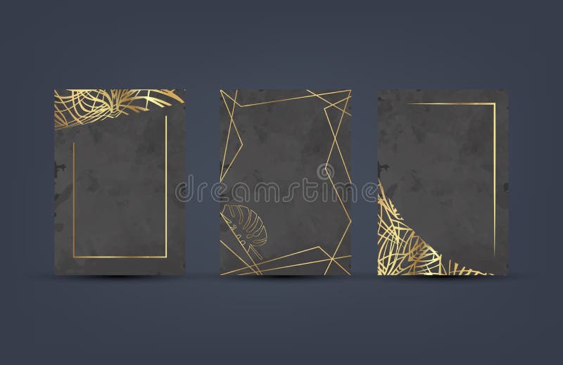 Uppsättning av den eleganta lyxiga broschyren, kort, bakgrundsräkning Svart och guld- abstrakt vattenfärgbakgrundstextur geometri vektor illustrationer