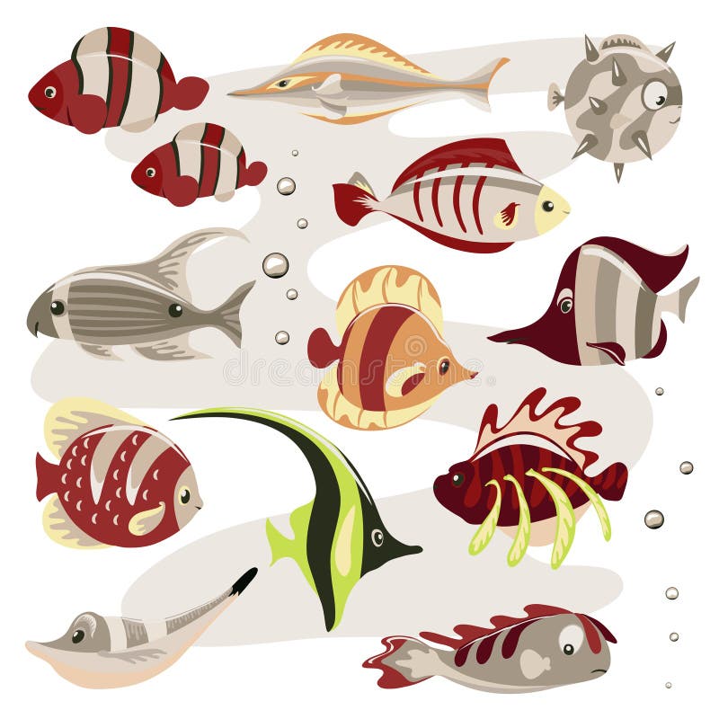 Uppsättning av den gulliga tecknad filmfisken royaltyfri illustrationer Uppsättning av den gulliga tecknad filmfisken royaltyfri illustrationer