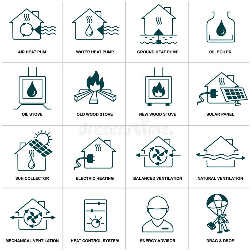 Uppsättning av den hem- energisymbolen stock illustrationer