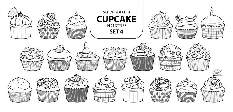 Uppsättning av den isolerade muffin i uppsättning 4 för 21 stilar stock illustrationer Uppsättning av den isolerade muffin i uppsättning 4 för 21 stilar stock illustrationer
