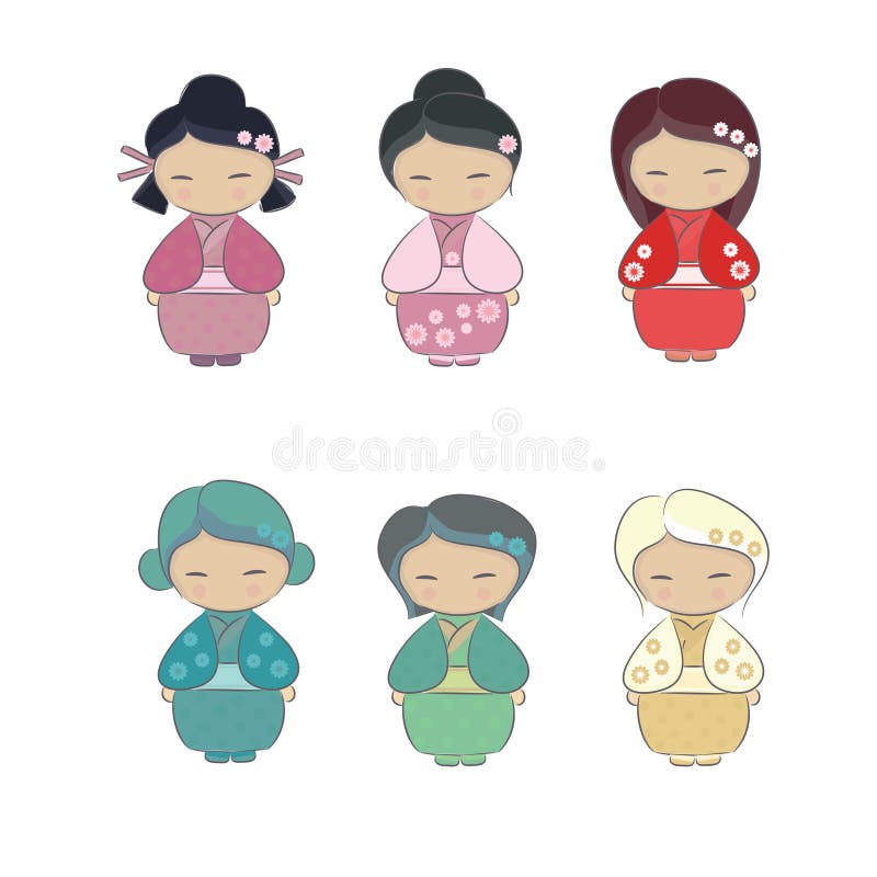 Uppsättning av den japanska flickan i kimono stock illustrationer Uppsättning av den japanska flickan i kimono stock illustrationer