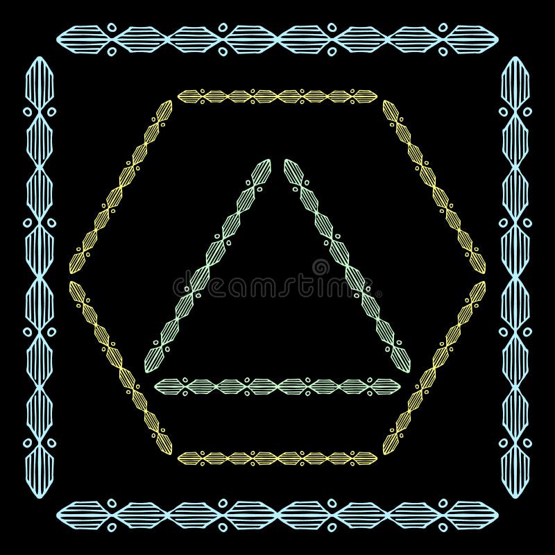 Set of colored decorative ornamental border with corner. Triangular, quadrangular, hexagonal frames. Black background. For children, women, wedding holiday. Set of colored decorative ornamental border with corner. Triangular, quadrangular, hexagonal frames. Black background. For children, women, wedding holiday