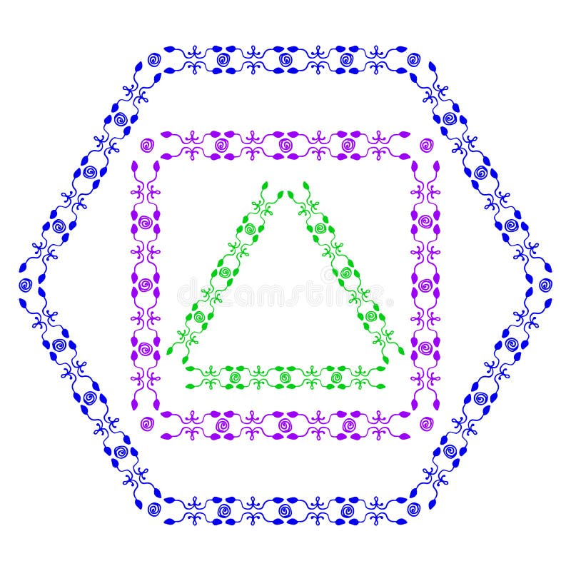 Set of colored decorative ornamental border with corner. Triangular, quadrangular, hexagonal frames. Two kinds of ornamental elements. For children, women, wedding holiday. Set of colored decorative ornamental border with corner. Triangular, quadrangular, hexagonal frames. Two kinds of ornamental elements. For children, women, wedding holiday