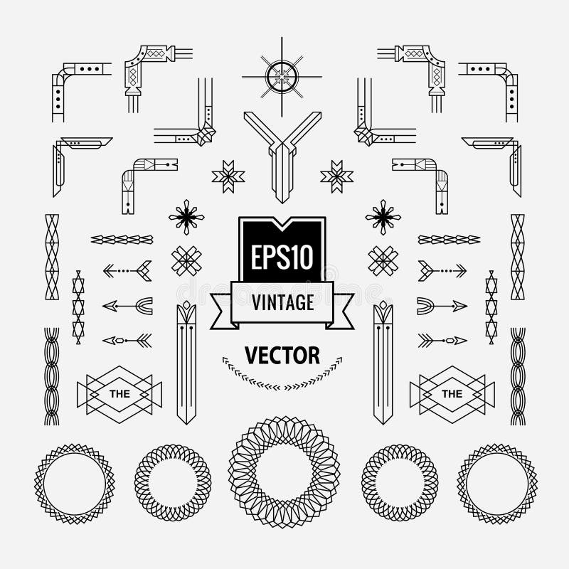 Uppsättning av den linjära tunna linjen retro geometrisk form för tappning för art déco stock illustrationer