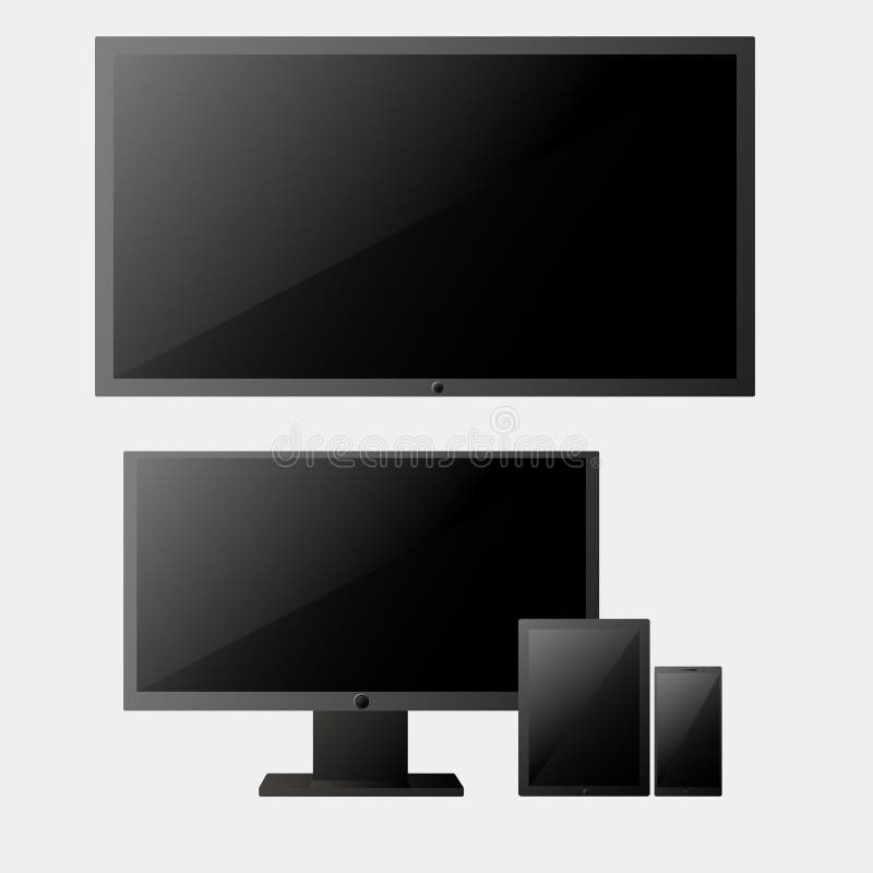 Uppsättning av den realistiska datorbildskärmen, TVLSD, minnestavlan och smartphonen Olika moderna elektroniska grejer stock illustrationer Uppsättning av den realistiska datorbildskärmen, TVLSD, minnestavlan och smartphonen Olika moderna elektroniska grejer stock illustrationer