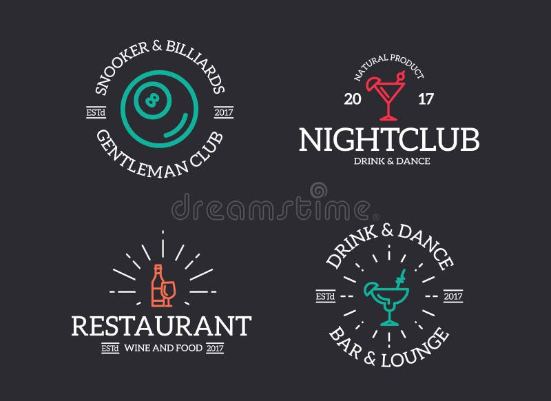 Uppsättning av den retro tappningnattklubben, billiard, coctail, diskologo eller gradbeteckning, emblem, etiketter och emblem och vektor illustrationer Uppsättning av den retro tappningnattklubben, billiard, coctail, diskologo eller gradbeteckning, emblem, etiketter och emblem och vektor illustrationer