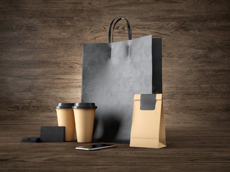 Uppsättning av den svarta shoppingpåsen, hantverkkoppar, den pappers- packen, tomma affärskort och den generiska designsmartphone vektor illustrationer Uppsättning av den svarta shoppingpåsen, hantverkkoppar, den pappers- packen, tomma affärskort och den generiska designsmartphone vektor illustrationer