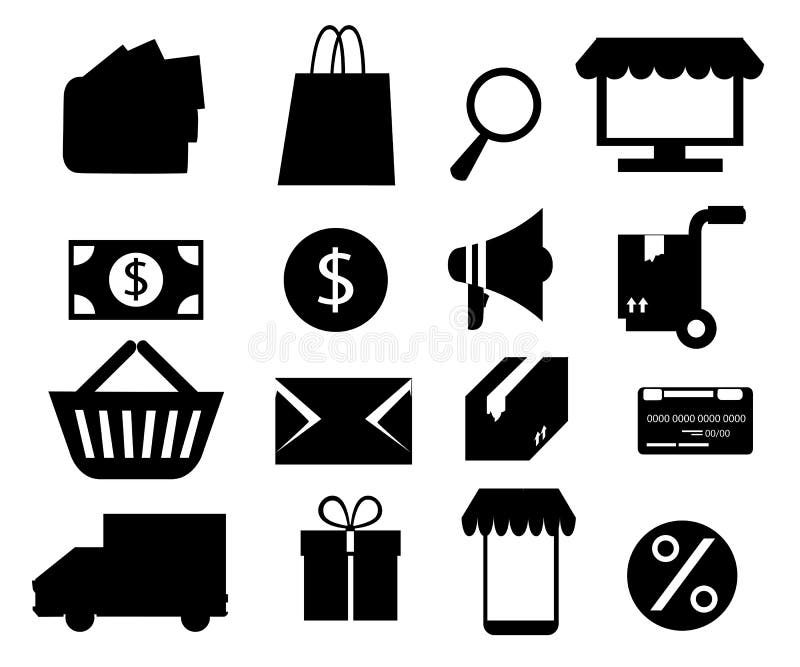 Uppsättning av den svarta symbolen för online-shopping Vektorillustration som isoleras på vit bakgrund Websitesida och mobilapp-d royaltyfri illustrationer Uppsättning av den svarta symbolen för online-shopping Vektorillustration som isoleras på vit bakgrund Websitesida och mobilapp-d royaltyfri illustrationer