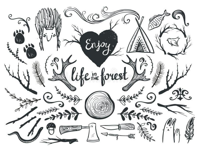 Uppsättning av designbeståndsdelar och gemkonst som är themed runt om djur, campa och liv i skogen stock illustrationer Uppsättning av designbeståndsdelar och gemkonst som är themed runt om djur, campa och liv i skogen stock illustrationer