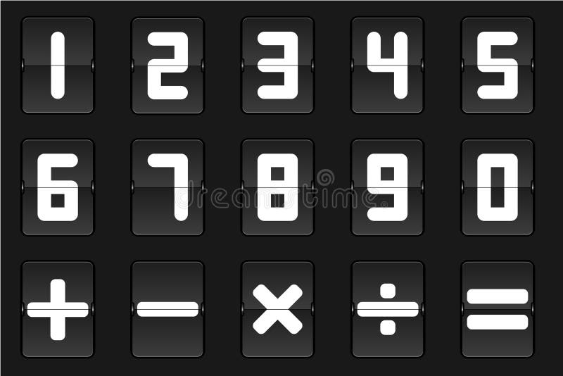Uppsättning av det vita flipnummer- och matematiksymbolet på svart bakgrund royaltyfri illustrationer Uppsättning av det vita flipnummer- och matematiksymbolet på svart bakgrund royaltyfri illustrationer