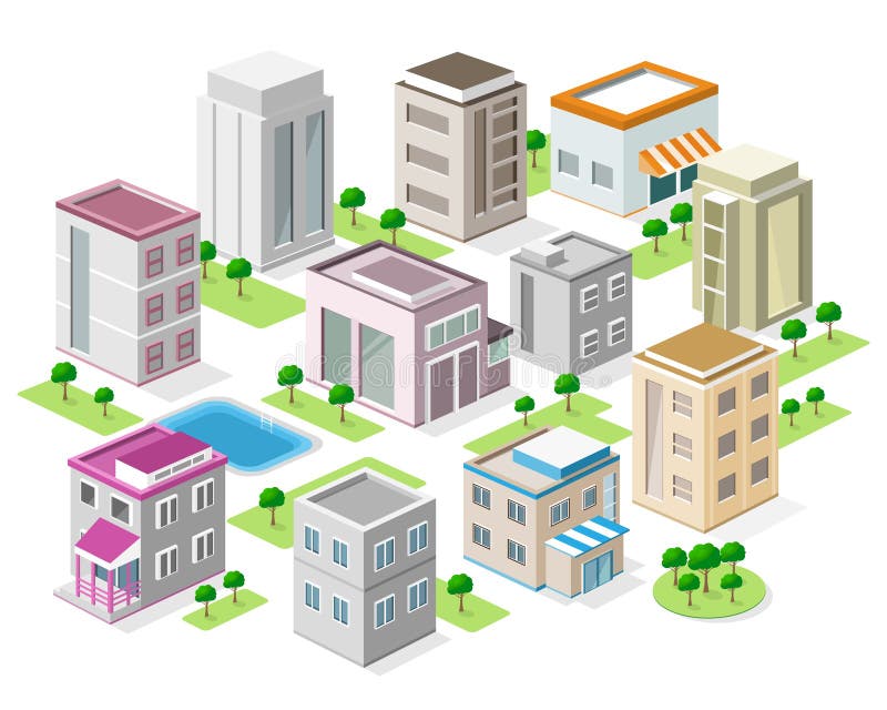 Uppsättning av detaljerade isometriska stadsbyggnader isometrisk stad för vektor 3d royaltyfri illustrationer Uppsättning av detaljerade isometriska stadsbyggnader isometrisk stad för vektor 3d royaltyfri illustrationer