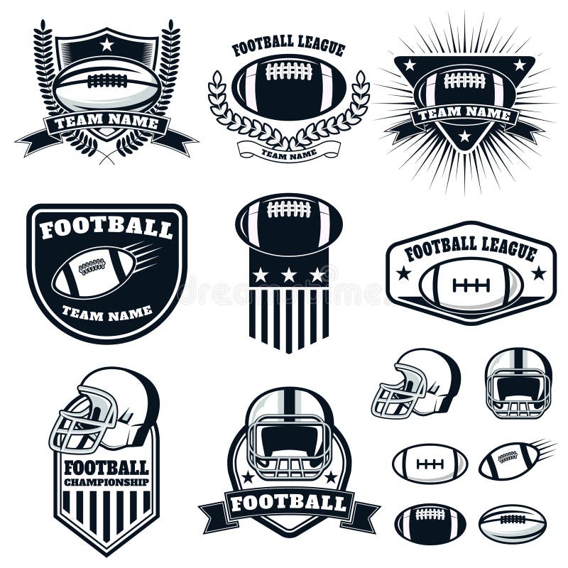 Uppsättning av etiketterna för amerikansk fotboll, emblem och designbeståndsdelar vektor illustrationer Uppsättning av etiketterna för amerikansk fotboll, emblem och designbeståndsdelar vektor illustrationer