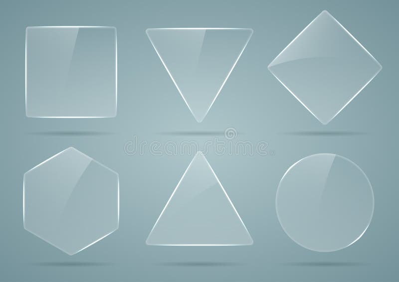 Collection of glass geometric shapes. Set of transparent banners. The shape is square, round, triangular, quadrangular and hexagonal. Vector illustration. Collection of glass geometric shapes. Set of transparent banners. The shape is square, round, triangular, quadrangular and hexagonal. Vector illustration