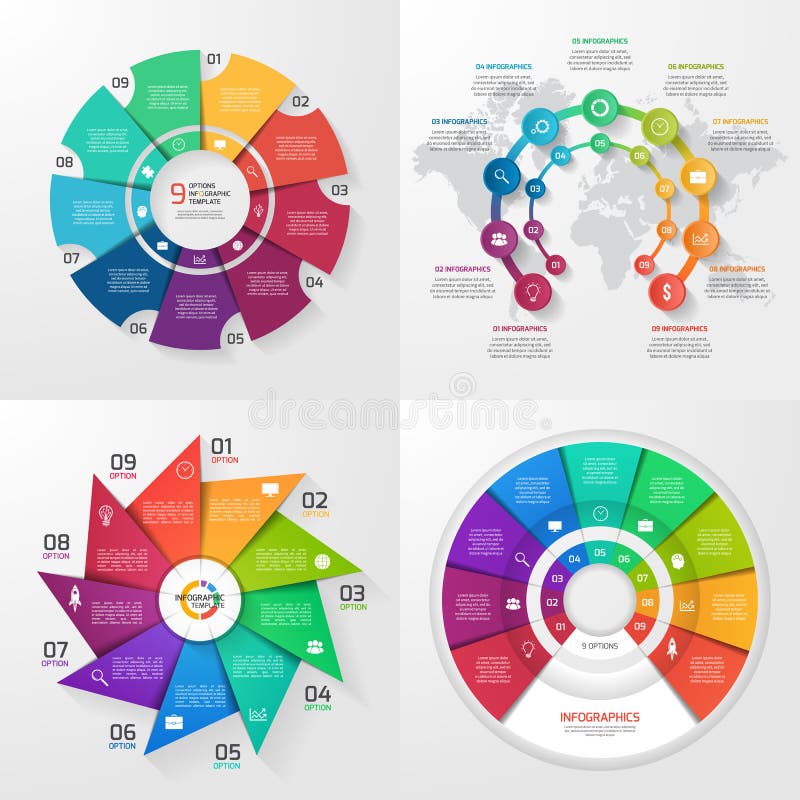 Uppsättning av fyra infographic mallar för vektor 9 alternativ stock illustrationer Uppsättning av fyra infographic mallar för vektor 9 alternativ stock illustrationer