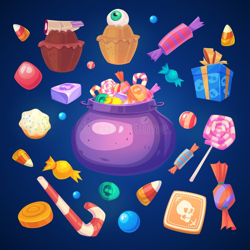 Uppsättning av färgrika halloween sötsak- och godissymboler royaltyfri illustrationer Uppsättning av färgrika halloween sötsak- och godissymboler royaltyfri illustrationer