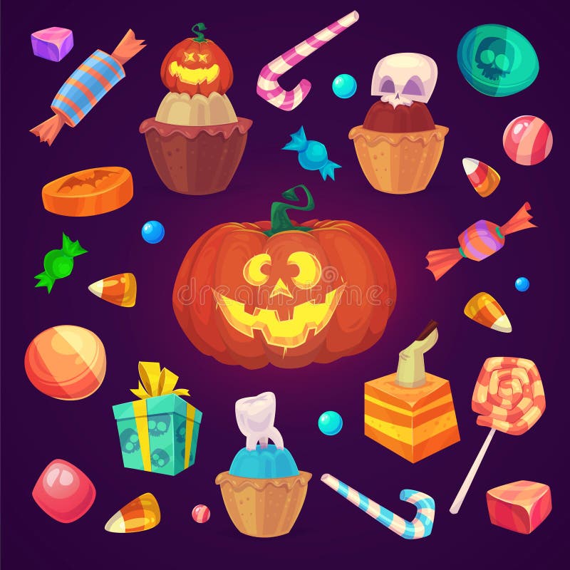 Uppsättning av färgrika halloween sötsak- och godissymboler vektor illustrationer Uppsättning av färgrika halloween sötsak- och godissymboler vektor illustrationer