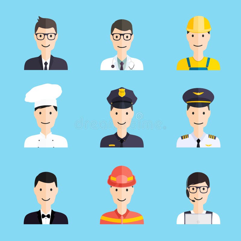 Uppsättning av färgrika symboler för stil för yrkemanlägenhet stock illustrationer Uppsättning av färgrika symboler för stil för yrkemanlägenhet stock illustrationer