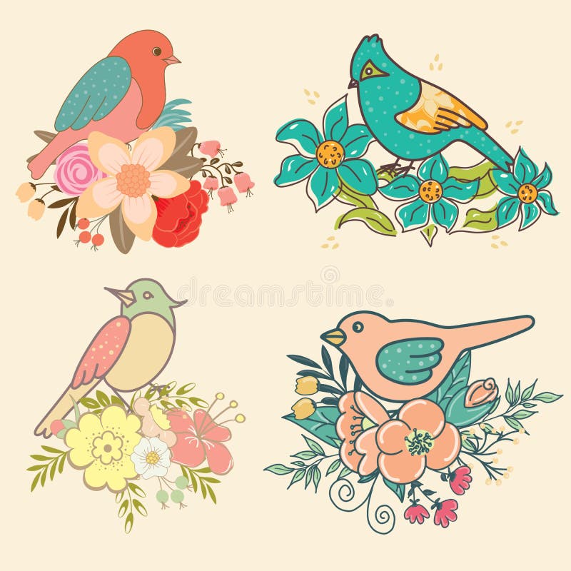 Uppsättning av fåglarna med blommor royaltyfri illustrationer Uppsättning av fåglarna med blommor royaltyfri illustrationer