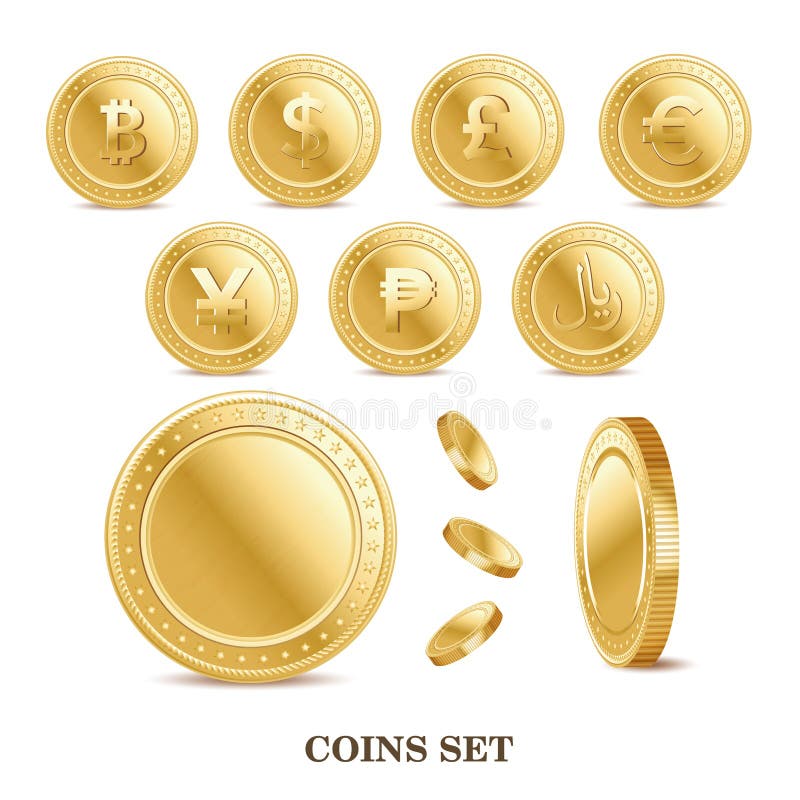 uppsättning av för finansmynt för valuta de guld- isolerade symbolerna