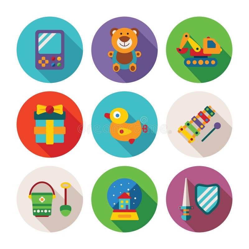 Uppsättning av för ungeleksaker för vektor färgrika symboler i plan stil vektor illustrationer Uppsättning av för ungeleksaker för vektor färgrika symboler i plan stil vektor illustrationer