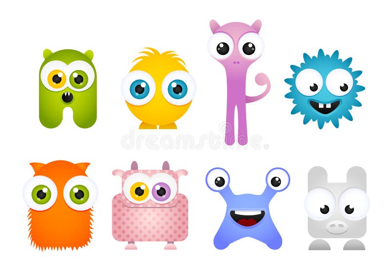 Uppsättning av galna tecknad filmmaskotmonster stock illustrationer