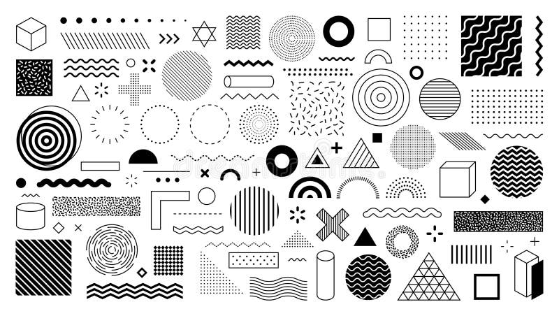Uppsättning av 100 geometriska former Memphis design, retroelement för webb, vintage, reklam, kommersiell banderoll, affisch, bip stock illustrationer