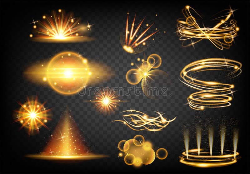 Uppsättning av gniststartspår Ljuseffekt Magiska glittrande dammvågor, guldglödande stjärnspår Guld shine stock illustrationer Uppsättning av gniststartspår Ljuseffekt Magiska glittrande dammvågor, guldglödande stjärnspår Guld shine stock illustrationer