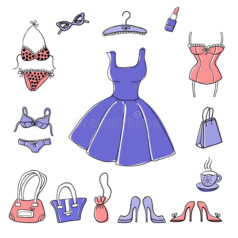 Uppsättning av hand-drog beståndsdelar av accessoiries för kvinna` s stock illustrationer Uppsättning av hand-drog beståndsdelar av accessoiries för kvinna` s stock illustrationer