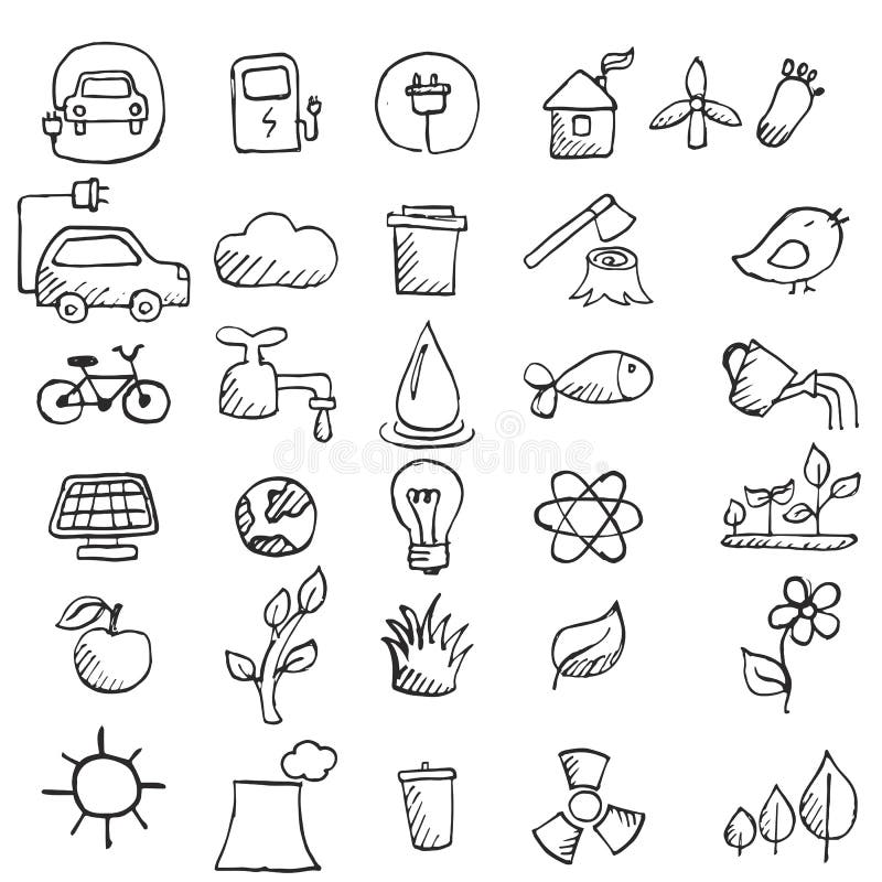 Uppsättning av hand drog ecosymboler royaltyfri illustrationer Uppsättning av hand drog ecosymboler royaltyfri illustrationer