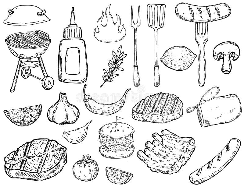 Uppsättning av hand drog gallerdesignbeståndsdelar Kött grönsaker, galler, kökhjälpmedel Planlägg beståndsdelar för affischen, me royaltyfri illustrationer Uppsättning av hand drog gallerdesignbeståndsdelar Kött grönsaker, galler, kökhjälpmedel Planlägg beståndsdelar för affischen, me royaltyfri illustrationer